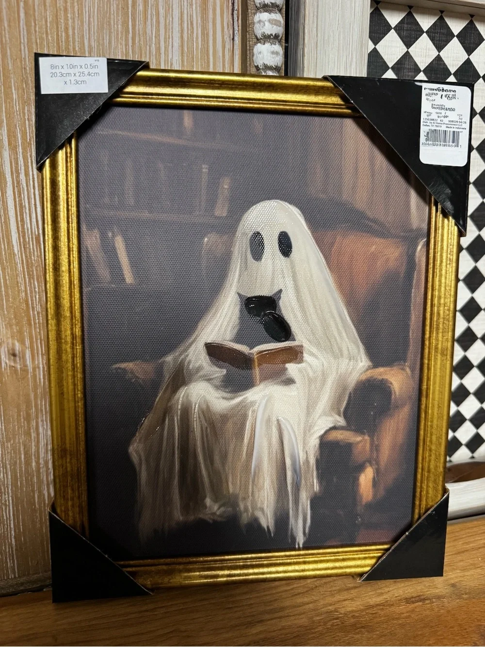 Gold Framed Ghost Reading with black cat Wall Art - Home Wall Decor 8” x 10”